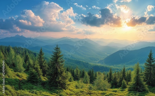 Majestic sunrise over mountain peaks and lush forests in a tranquil landscape