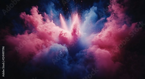 Stunning explosion of colorful smoke filling the dark background in a vibrant...