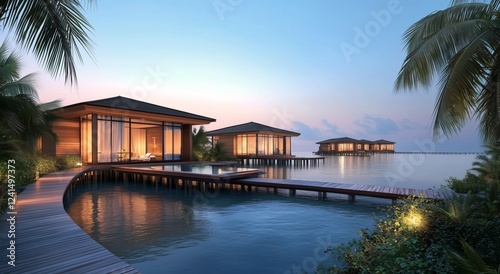 Luxury waterfront villas at dusk in a tropical paradise