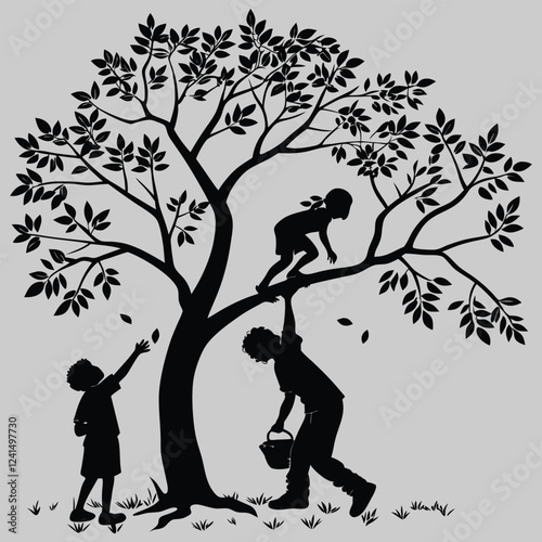 a group of kids climbing a tree silhouette vector design art and illustration