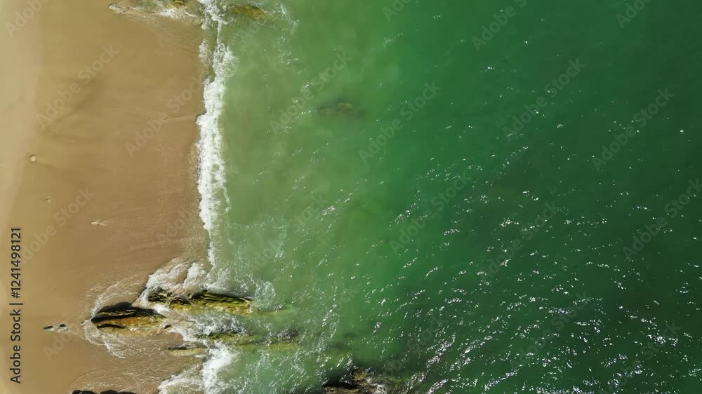 Sea beach with stones and azure clear water, houses on the shore. Drone video. Part 5 Sea beach with stones and azure clear water, houses on the shore. Drone video. Part 5