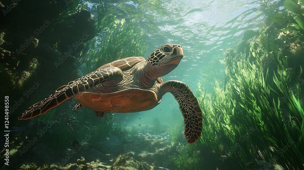 Fototapeta premium Sea Turtle Swimming Through Lush Underwater Vegetation