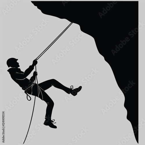 a person rappelling down a cliff silhouette vector design art and illustration