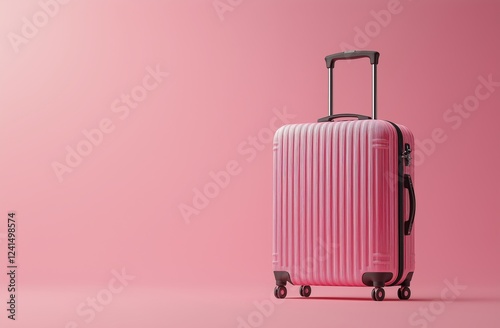 Stylish pink suitcase on a pastel pink background with smooth shadows