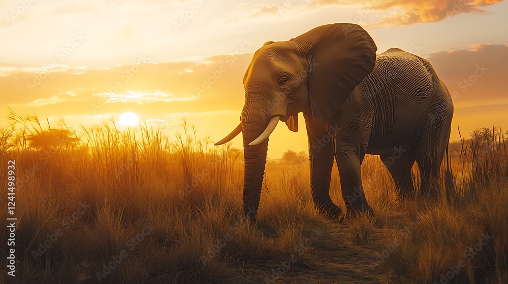 Fototapeta premium A majestic elephant walking through the savanna, with tall grasses and a golden sunset in the background