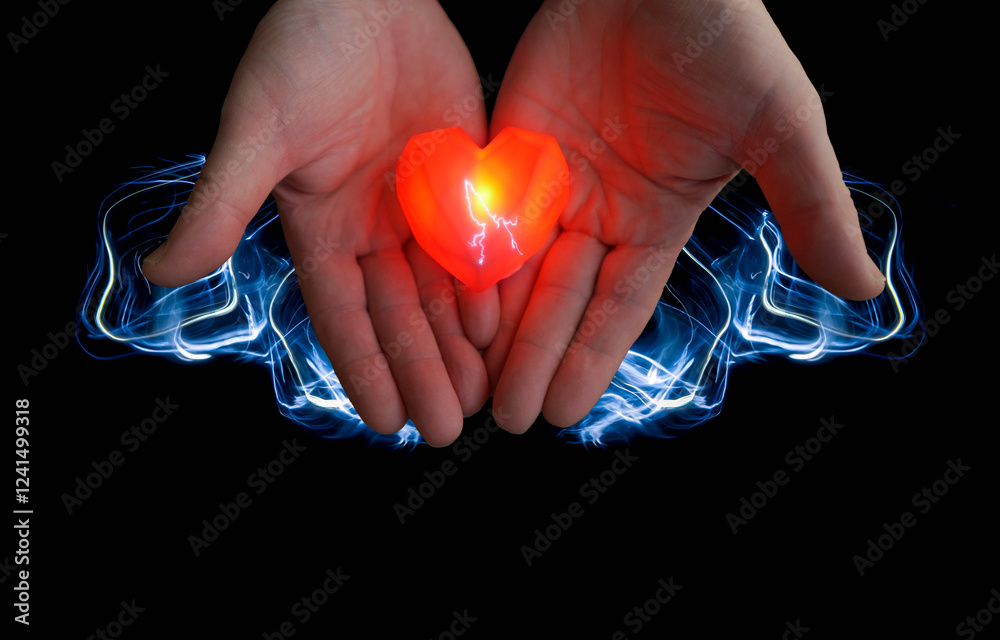 Hands holding glowing heart with electric discharges, organ donation concept