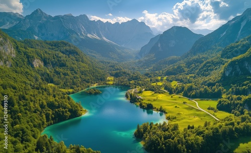 Scenic mountain landscape with a tranquil lake surrounded by lush greenery an...