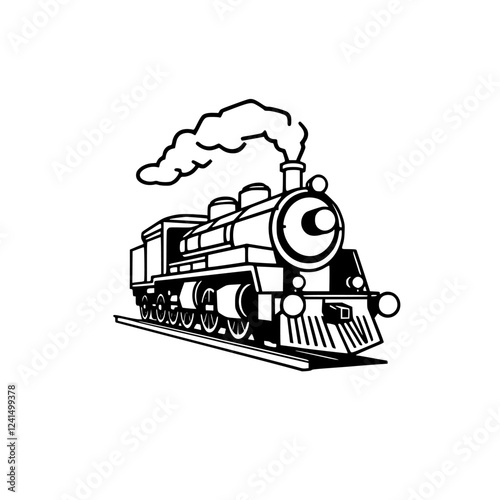 Vintage Steam Train: A Classic Rail Journey.  Black and white illustration of a retro locomotive, perfect for travel, transportation, and railway enthusiasts. photo