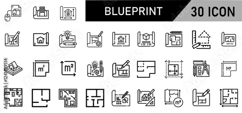 Minimalist Blueprint Icon Pack | 30 Outline Vector Icons, Editable stroke. 