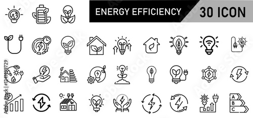 Minimalist Energy Efficiency Icon Pack | 30 Outline Vector Icons, Editable stroke. 