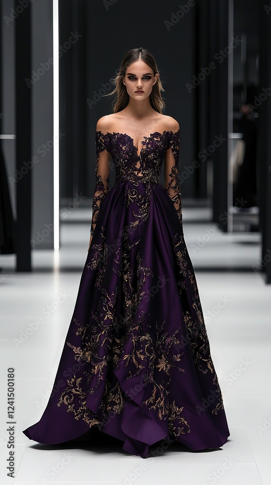 A model struts down the runway in a stunning purple gown adorned with intricate gold embroidery on the shoulders and a dramatic train sweeping the skirt A model struts down the runway in a stunning purple gown adorned with intricate gold embroidery on the shoulders and a dramatic train sweeping the skirt