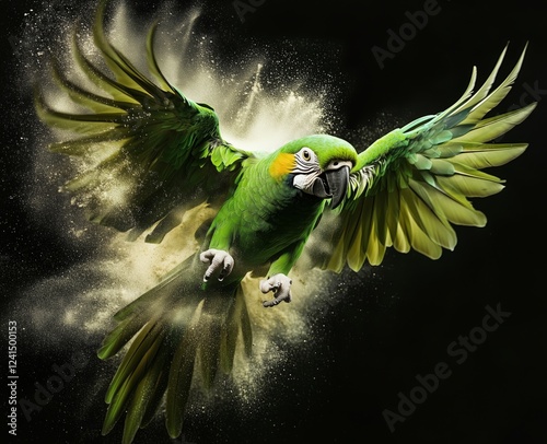 Green parrot soaring through the air with vibrant wings and dynamic energy
