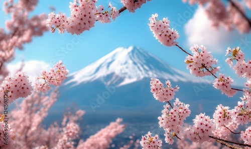 Cherry blossoms frame Mount under a clear blue sky during springtime