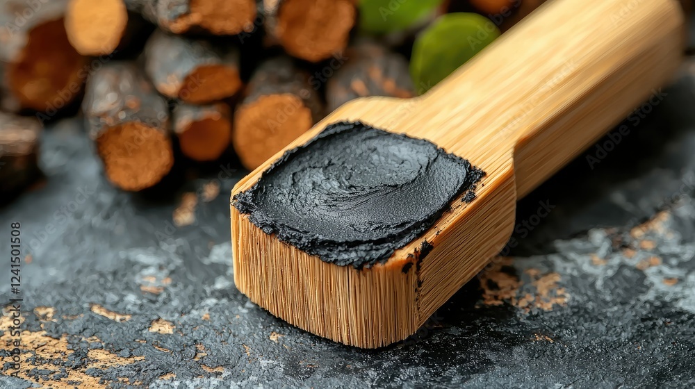 Dark Herbal Paste On Wooden Spatula With Logs Dark Herbal Paste On Wooden Spatula With Logs