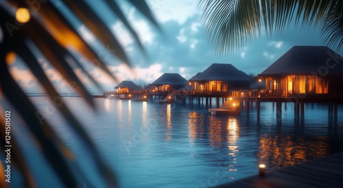 Luxury overwater villas at sunset in a tropical paradise