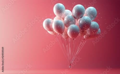 Balloons floating against a pink background creating a whimsical atmosphere f...