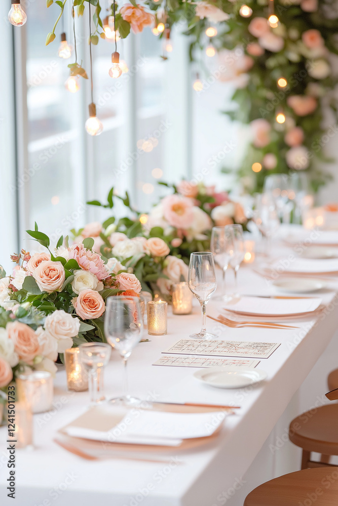 A table with a white tablecloth and a floral centerpiece A table with a white tablecloth and a floral centerpiece