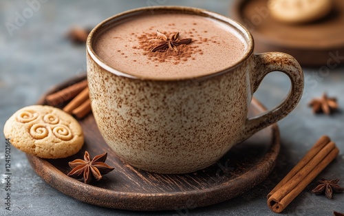 Warm beverage with spices and cookies served in a rustic setting during cozy ...