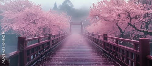 Serenity on a wooden bridge beneath blooming cherry blossom trees in springtime