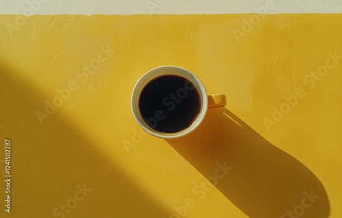 Coffee cup on a bright yellow surface with soft shadows in morning light