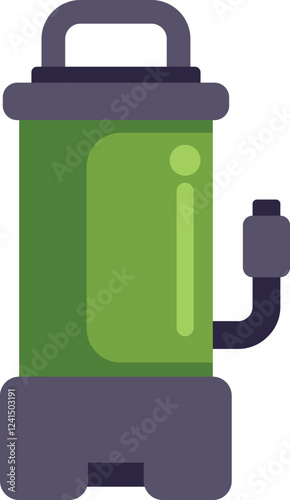 Green water pump with black hose for garden irrigation standing on white background, gardening equipment