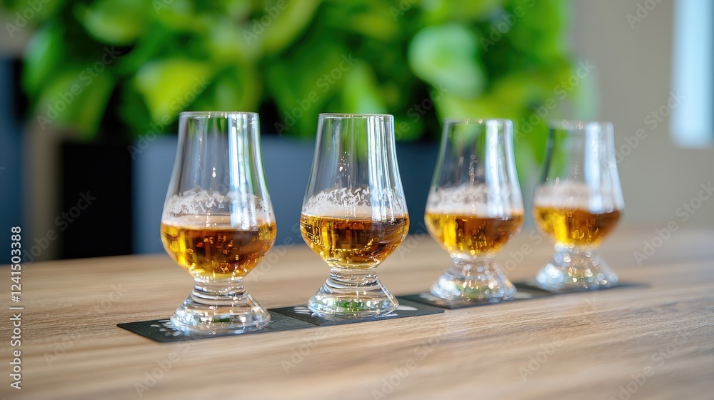 Whiskey tasting flight on wooden table, blurred green background Whiskey tasting flight on wooden table, blurred green background
