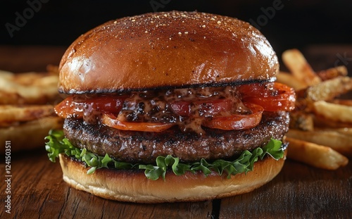 Delicious hamburger with fresh toppings served alongside crispy fries on wood...