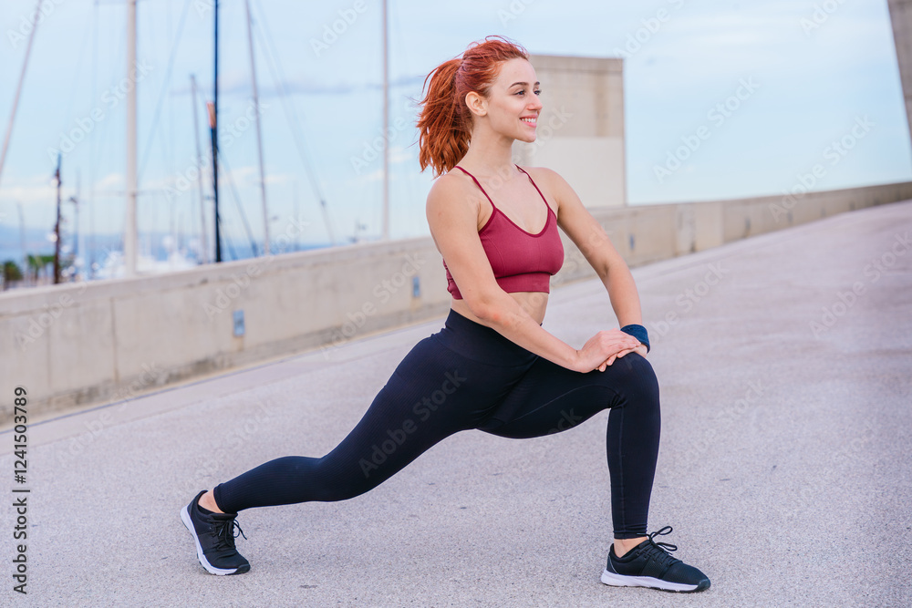 Athletic red-haired woman wearing sportswear performing a lunge stretch in an outdoor urban environment. She maintains balance and flexibility while preparing for exercise under a bright sky. 