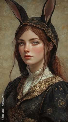 A moody Caravaggism-inspired rendering of a woman with light white eyes, freckles, and bunny ears, in medieval attire. photo