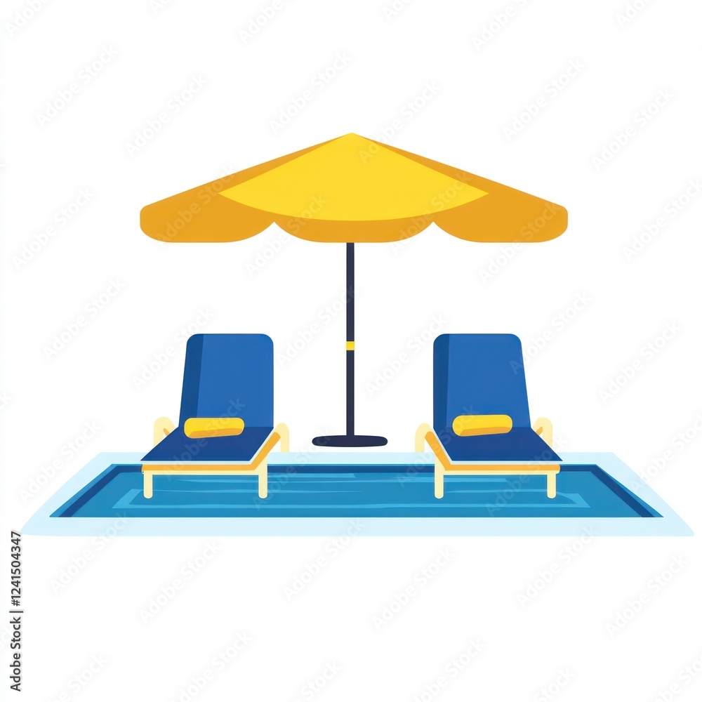 Poolside relaxation Two lounge chairs under a yellow umbrella by a swimming pool, ideal for summer vacation brochures Poolside relaxation Two lounge chairs under a yellow umbrella by a swimming pool, ideal for summer vacation brochures