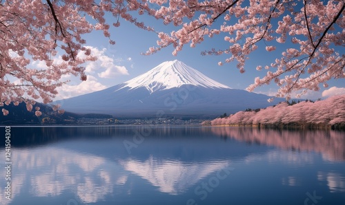 Stunning view of Mount framed by cherry blossoms at a serene lake during spri...