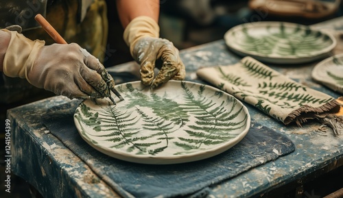 Crafting pottery with fern patterns in a creative workspace during daylight