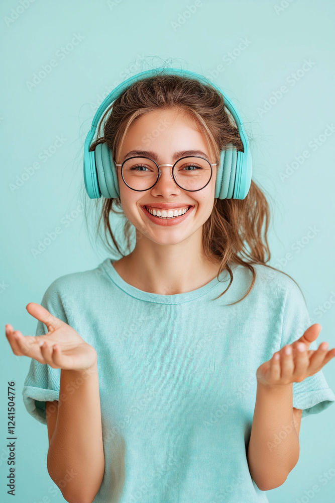 Naklejka premium A woman wearing glasses and a blue shirt is smiling and holding her hands up
