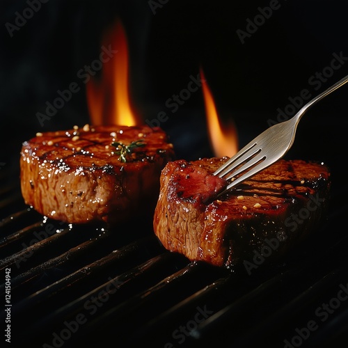 Sizzling steaks grilling over an open flame at a barbecue during night time