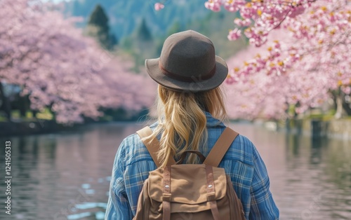 Woman enjoying cherry blossoms near serene water in a tranquil park during sp...