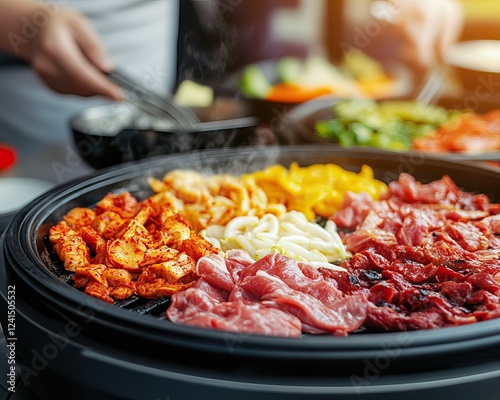 A vibrant array of marinated Korean BBQ meats sizzling on a grill, surrounded by fresh vegetables, creating an inviting atmosphere for a delicious meal.