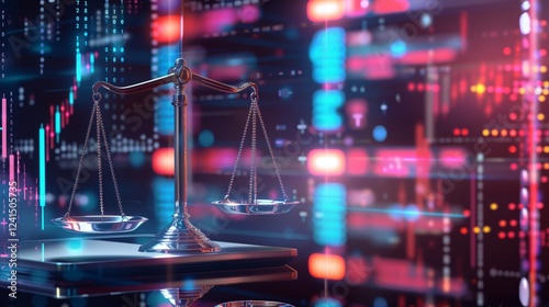 concept of law and justice with digital scales and stock market charts in high-resolution 3D rendering