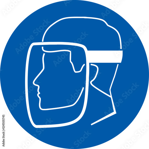 blue circular sign, person wearing a face shield, mandatory face protection, safety