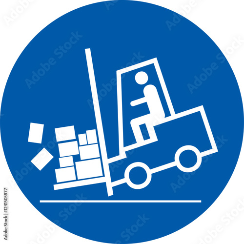 Blue circular safety sign, forklift tipping over, with boxes falling, forklift hazards, caution and proper handling in industrial workplaces