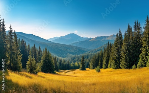 Stunning mountain valley with lush pine trees and golden grass under a clear ...