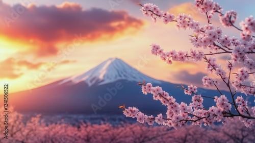Beautiful cherry blossoms frame Mount at sunset in Japan