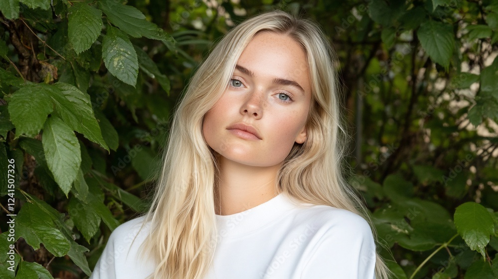 Blonde woman, serene expression, leaves background, nature portrait, lifestyle use Blonde woman, serene expression, leaves background, nature portrait, lifestyle use