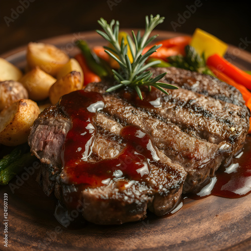 Steak de res cocido a la perfección con acompañamiento gourmet