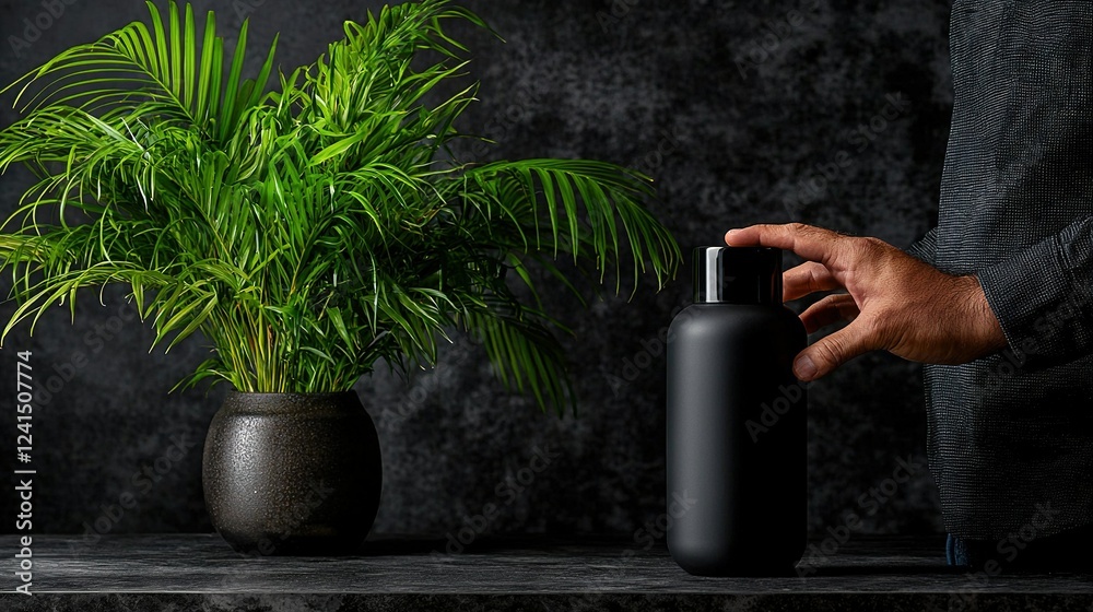 A man holds a spray bottle next to a potted plant and deodorant A man holds a spray bottle next to a potted plant and deodorant