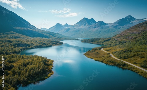 Breathtaking view of a serene lake surrounded by majestic mountains during a ...