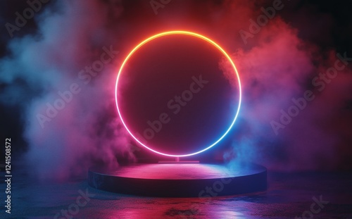 Colorful neon circle illuminated by mist on a dark stage at night