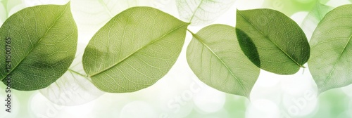 An artistic composition of green leaves arranged against a soft, blurred background with light bokeh effects