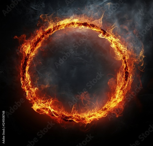 Flaming round shape with smoke effect creating a dramatic visual on dark back...