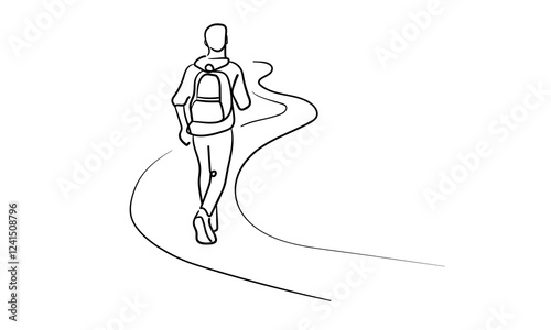 Male person go far away walk alone outdoor life, continuous line art drawing isolated on white background. Loneliness while walking. Vector illustration