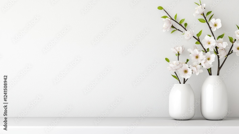 White blossoms in vases on shelf, minimalist room White blossoms in vases on shelf, minimalist room